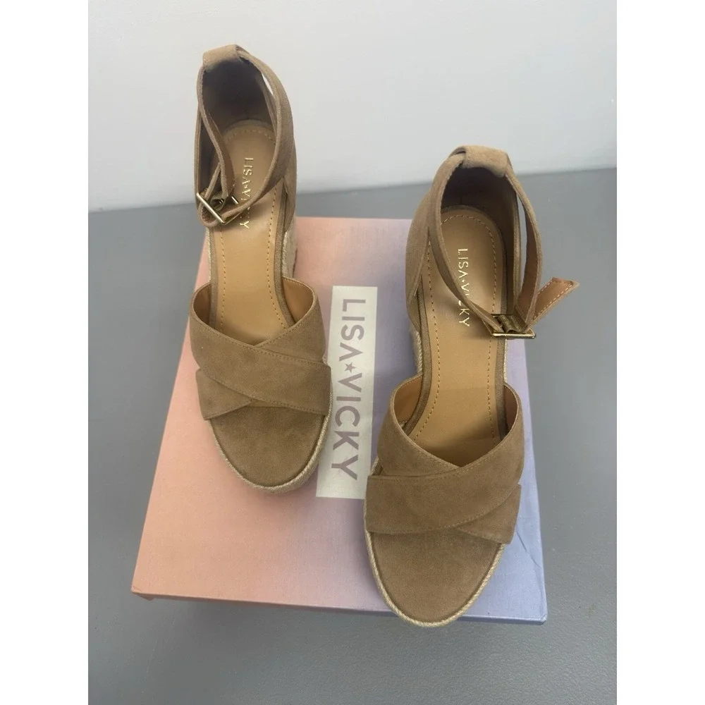 New Lisa Vicky Wedge Sandals Cognac Kid‎ Suede 8.5 M Cross-Strap Espadrille Heel